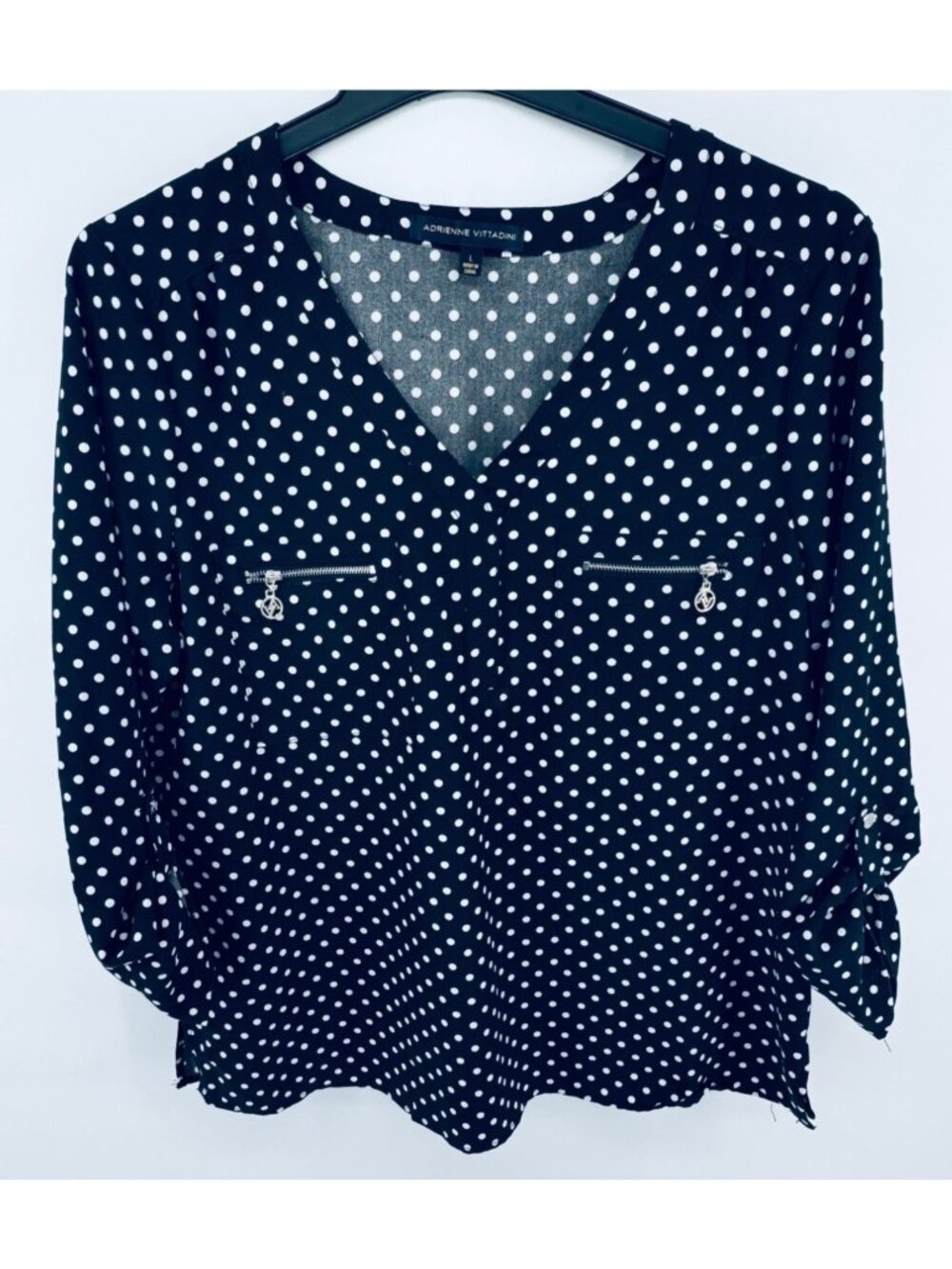 Adrienne Vittadini Polka Dot Blouse L Black & White Zip Accents
